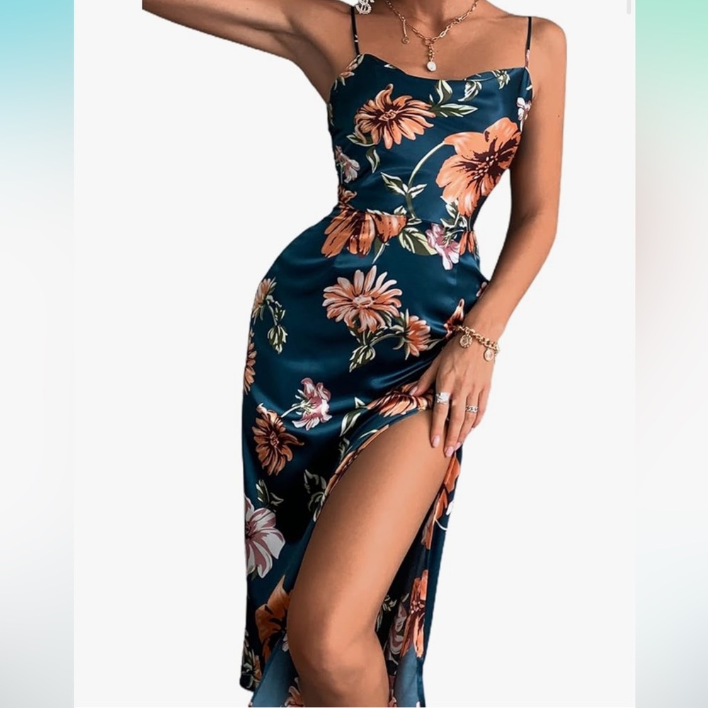 floral satin cowl neck dress